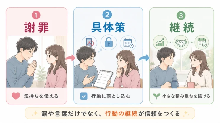 信頼の回復は、謝罪の言葉よりも具体的な行動の継続で見ていきます。
