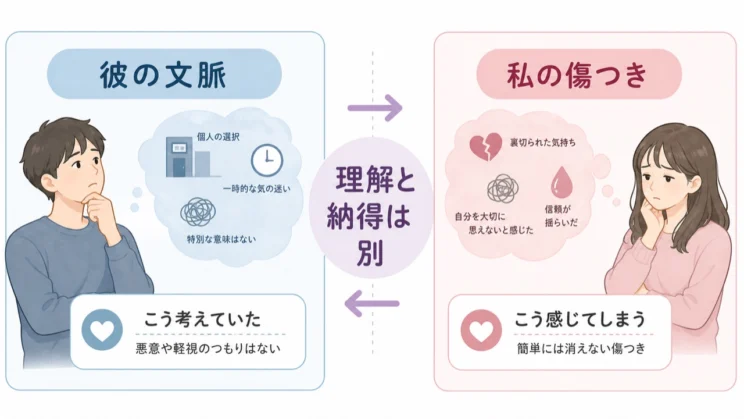 彼の説明を理解することと、自分が納得できることは別に考えます。