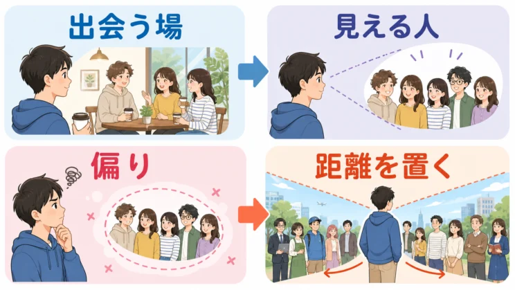 同じ場での出会いが続くと、人への見方も偏って感じられやすくなります。
