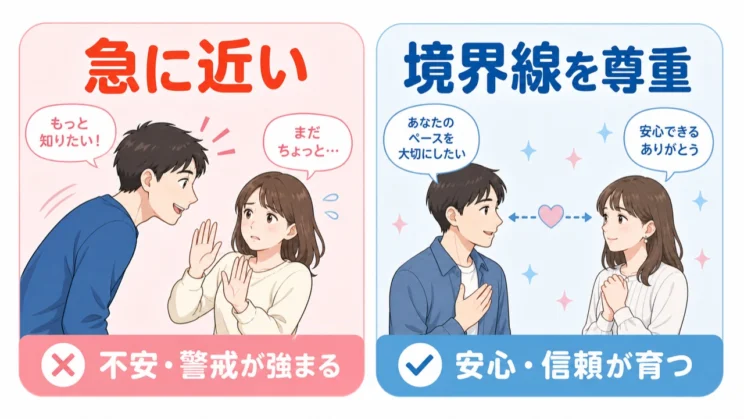 急に距離を詰めるか、境界線を尊重するかで安心感は変わります。
