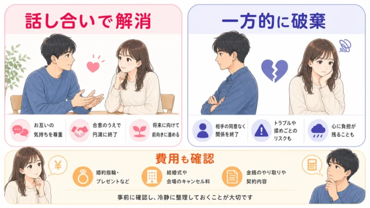 婚約解消と婚約破棄の違いは、費用や進め方を落ち着いて考える土台になります。
