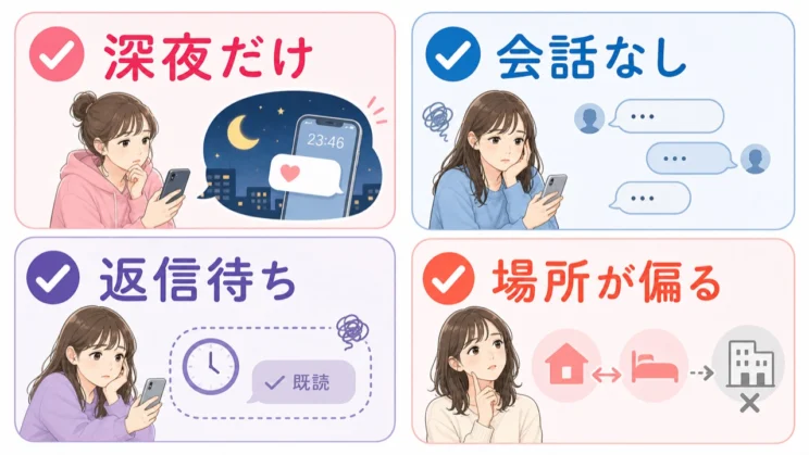 誘い方の偏りを並べて見ると、相手の意図を落ち着いて見分けやすくなります。
