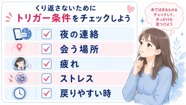 後悔の深さより、夜の連絡や疲れなどの引き金条件を見ることが再発予防につながります。