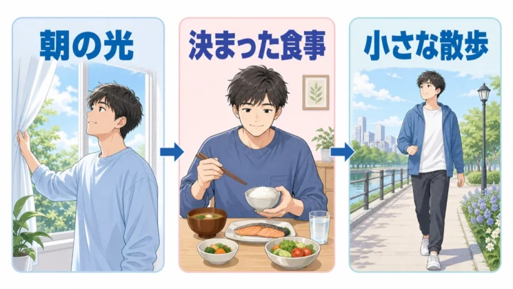 朝の光、決まった食事、小さな散歩から、心と体の土台を少しずつ整えられます。