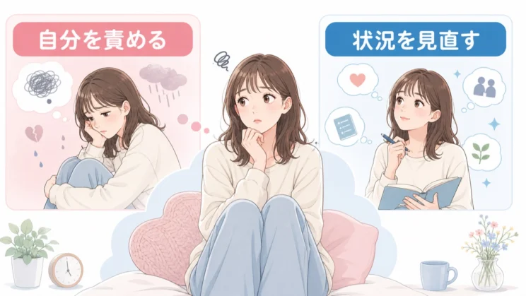 自分への厳しい言葉が、反省ではなく自己否定に傾いていないかを見分ける視点です。