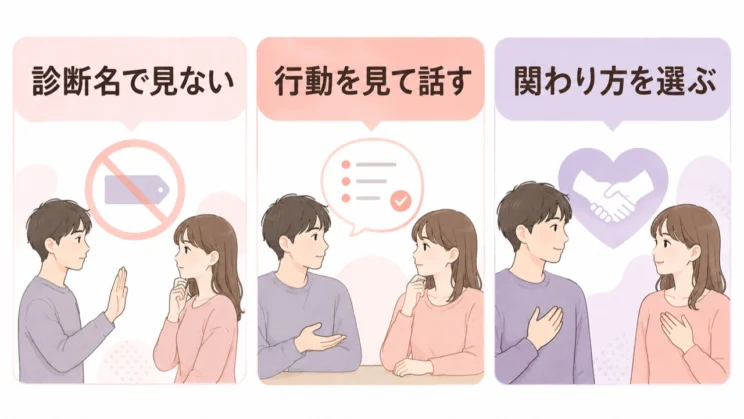 診断名ではなく具体的な行動に目を向けると、二人に必要な関わり方を考えやすくなります。