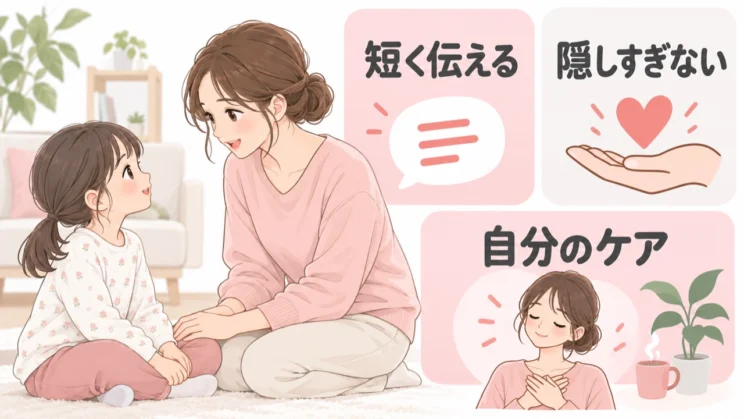 子どもの前では、完璧に隠そうとせず短く伝えながら自分のケアも大切にします。